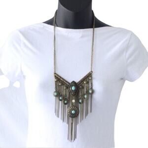 Boho Statement Necklace Antique Brass Finish Turquoise look stone inset New with